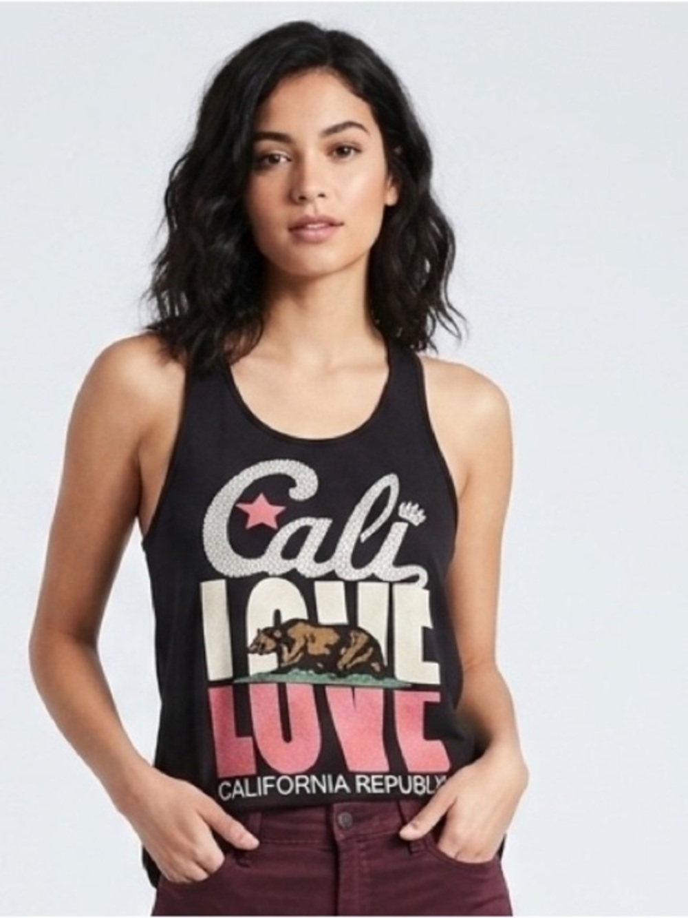 Y2K Cali Love Rhinestone Studded Tank Top California Republic Bear Graphic